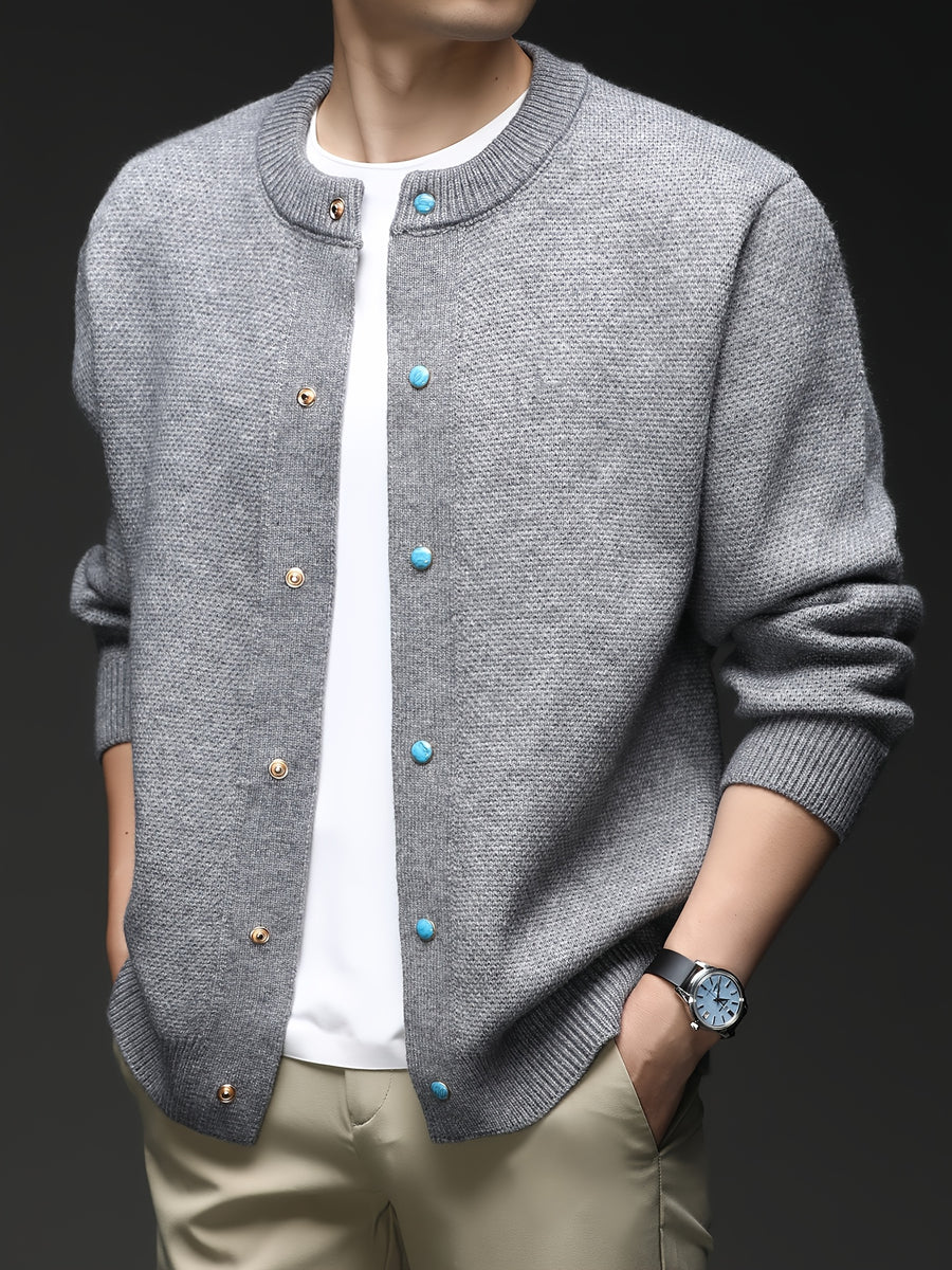 Du Jing Lan OBM Spring/Autumn New Arrival Men's Knitted Cardigan, Thickened Old Money Style Textured Solid Color Crew Neck Long Sleeve Open Front Knit Sweater, Men's Business Casual Fashion Single-Breasted Ribbed Sweater Jacket, Suitable for Layering - Light Grey