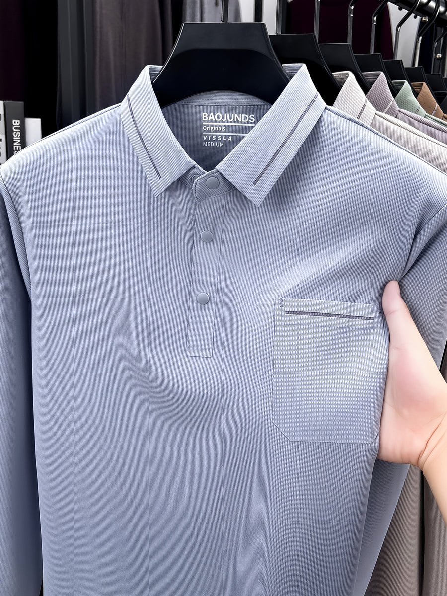 Autumn New Arrival Men's Fashion Long-Sleeve Polo Shirt, Versatile Casual Button- Lapel Seamless Men's Long-Sleeve Top, Suitable for Business Casual Outings, Dates, and Walks, an Essential Top for Casual Attire - Light Blue