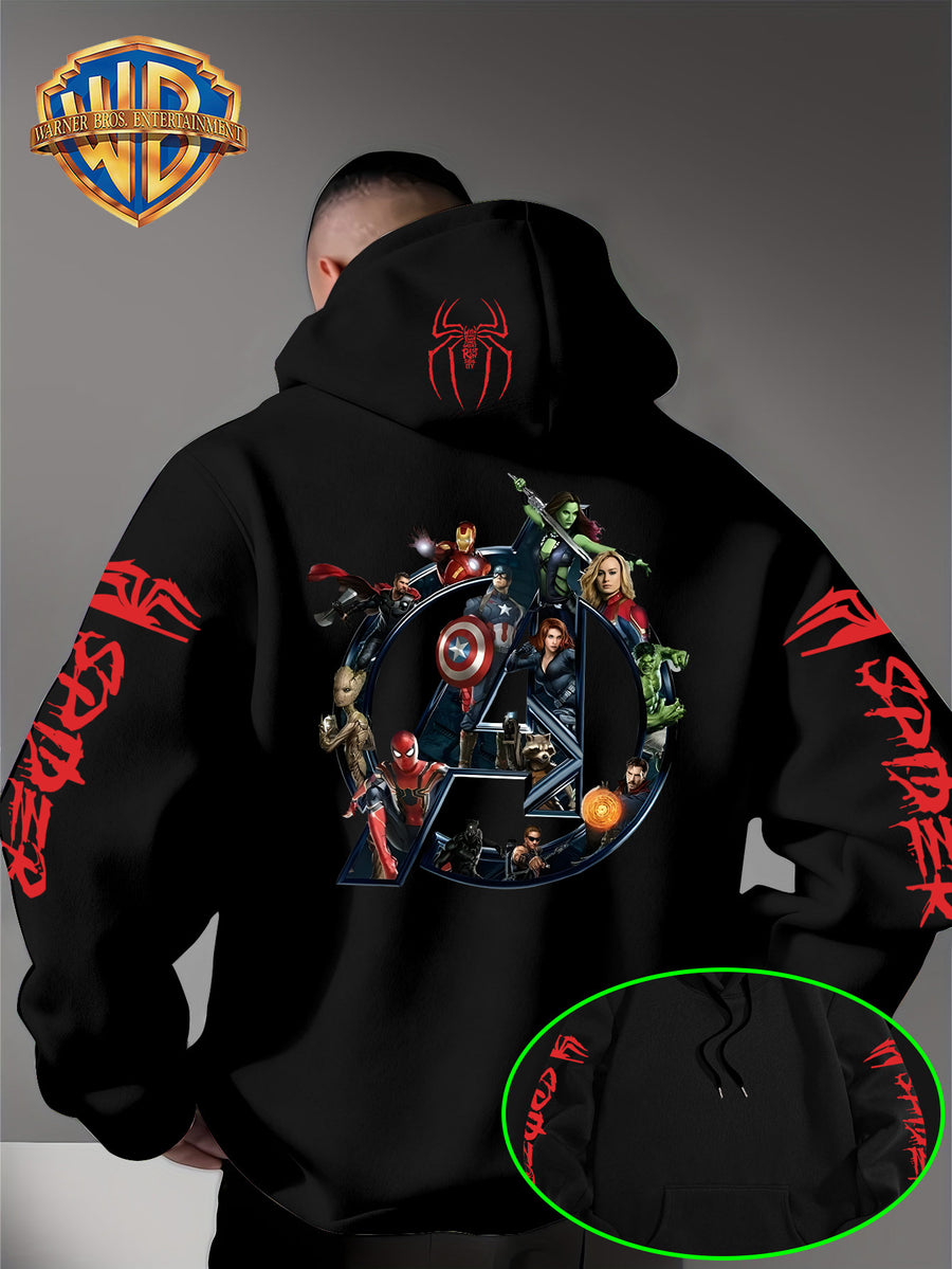 Men'S Trendy Fall Hoodie, American Superhero Collection Print Hooded Sweatshirt, Unisex Loose Street Style Casual Top. Casual Daily Style with Drawstring Design, Long Sleeve Knit Sweater, Machine Washable, Perfect for Casual, Athletic - Black