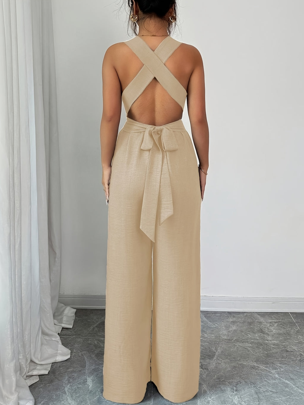V-neck Women's Jumpsuit with Crisscross Waist Ties, Slit Back, and Wide-leg Straight-cut Pants - Apricot