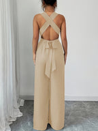 V-neck Women's Jumpsuit with Crisscross Waist Ties, Slit Back, and Wide-leg Straight-cut Pants - Apricot