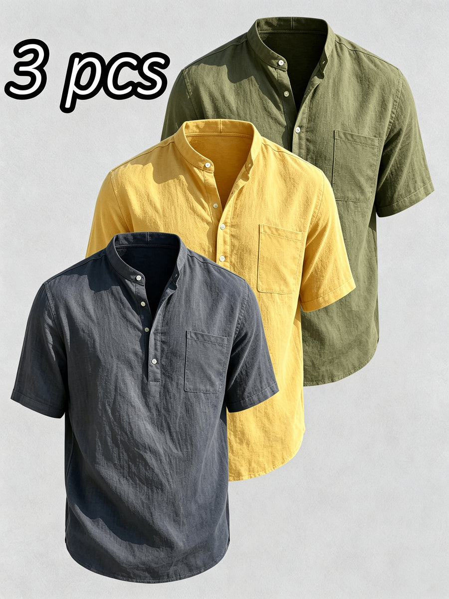 Men'S 3pcs Set of Stand-Collar Henley Short-Sleeve Shirts, Summer Thin Casual Button-Up Shirts, Chest Pocket Loose Breathable Solid-Color Short-Sleeve Tops - Yellow+grey+green