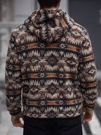 Men'S New American Ethnic Style Hooded Zipper Long Sleeve Jacket, Retro Geometric Jacquard Fabric Thick And Soft, Loose Fit for All Body Types. Hood And Full Zipper Design for Easy Dressing, Suitable for Daily Commute And Outdoor Travel - Khaki