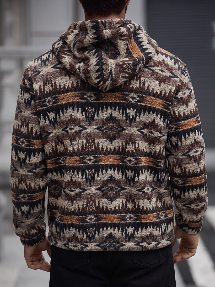 Men'S New American Ethnic Style Hooded Zipper Long Sleeve Jacket, Retro Geometric Jacquard Fabric Thick And Soft, Loose Fit for All Body Types. Hood And Full Zipper Design for Easy Dressing, Suitable for Daily Commute And Outdoor Travel - Khaki