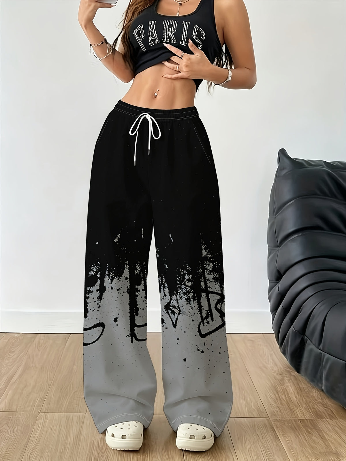 Women's Minimalist Wide-Leg Trousers with Ink-Splatter Hand-Painted Print - Black & White Gradient Straight Leg Pants, Adjustable Drawstring Waist, Loose Fit for Casual, Office, | Machine Washable Suitable for Daily and Swear - Mixed colors