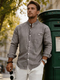 Men's Linen Long-Sleeve Striped Shirt for Spring, Autumn, and Summer, Suitable for Casual, Commuting, and Outings - Medium Grey