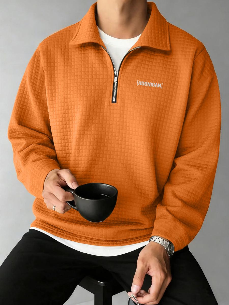 HOONIGAN Men's Printed Half-Zip Fashion Waffle Knit Texture Autumn/Winter Simple Casual Versatile Sporty POLO Shirt Sweatshirt, New Autumn/Winter Long-Sleeve Lapel Top, Comfortable and Breathable Fabric, Valentine's Day Gift, Preferred Birthday Gift - Orange-Red