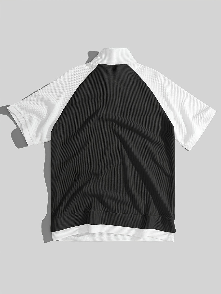 Men's Waffle Knit Half-Zip Polo Shirt, Loose Fit, Black and White Color Block Stand Collar Raglan Sleeve Short Sleeve Casual Top - Black