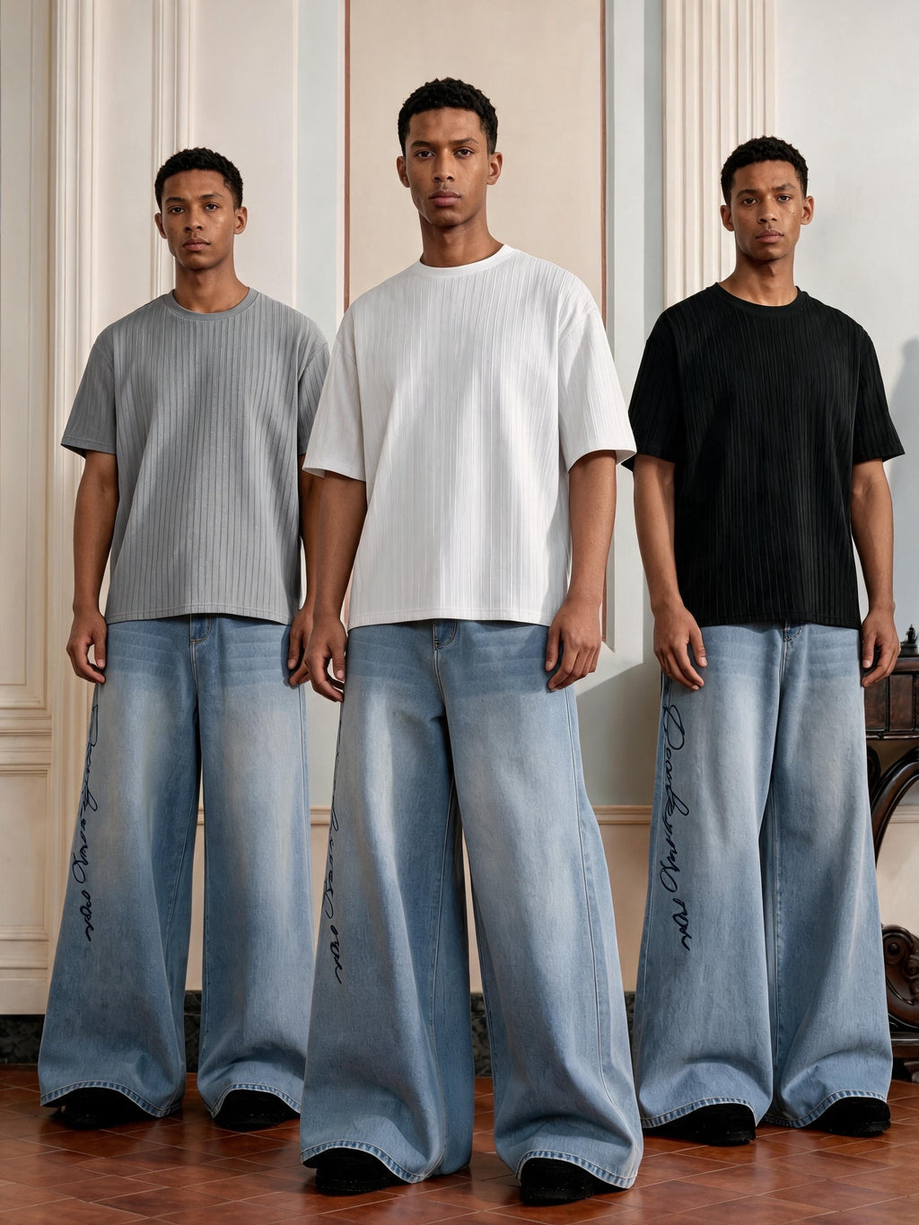 Three-pc Men's Vertical Rib Texture Short-Sleeve T-Shirt, Black/White/Gray Three-Color Crew Neck Breathable Stretch Base Layer Solid Color Basic Half-Sleeve Top - White pairs with black, black pairs with gray