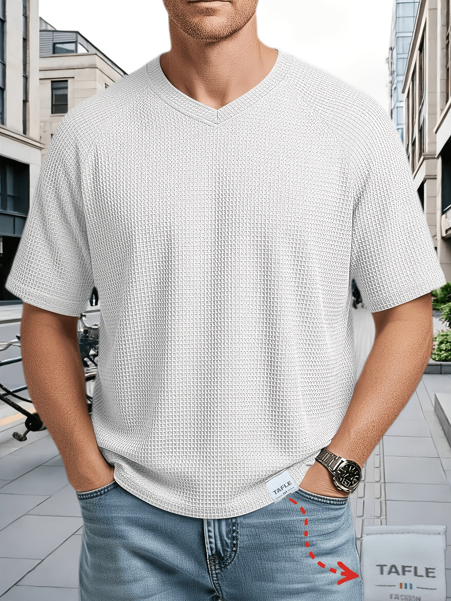 Men's Large Waffle Knit Chicken-Heart Neck T-Shirt - Loose Fit Short Sleeve Crew Neck Shirt with Hem Logo Decoration, Breathable Summer Casual & Sportswear, Solid Color Suitable for Gym, Casual Attire, Machine Washable - White