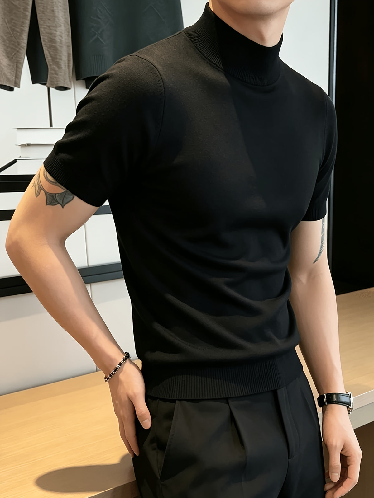 LVLAEA Men'S Spring Autumn Vintage Sweater, Vacation Casual Style Slim Short Sleeve Pullover, Halloween, Christmas Business Casual Commute Sweater, Western Style Easy T-Shirt, Breathable Comfortable Fit, Fitness Enthusiast Top, Knit - Black
