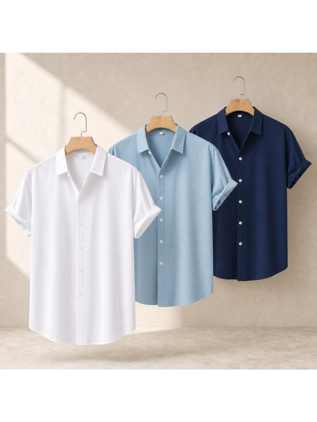 Men's 3pcs Short-Sleeve Shirt Set, Navy Blue/Sky Blue/White, 100%, Button-Front, Summer, Casual Outing - Navy Blue/Sky Blue/White