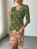 Green Tiny FloralWomen Fall Winter V Neck Slit Dress, Daily Casual Gift Giving Party, Elegant Business Commute, Figure Flattering Trendy Digital Print. - Multicolor
