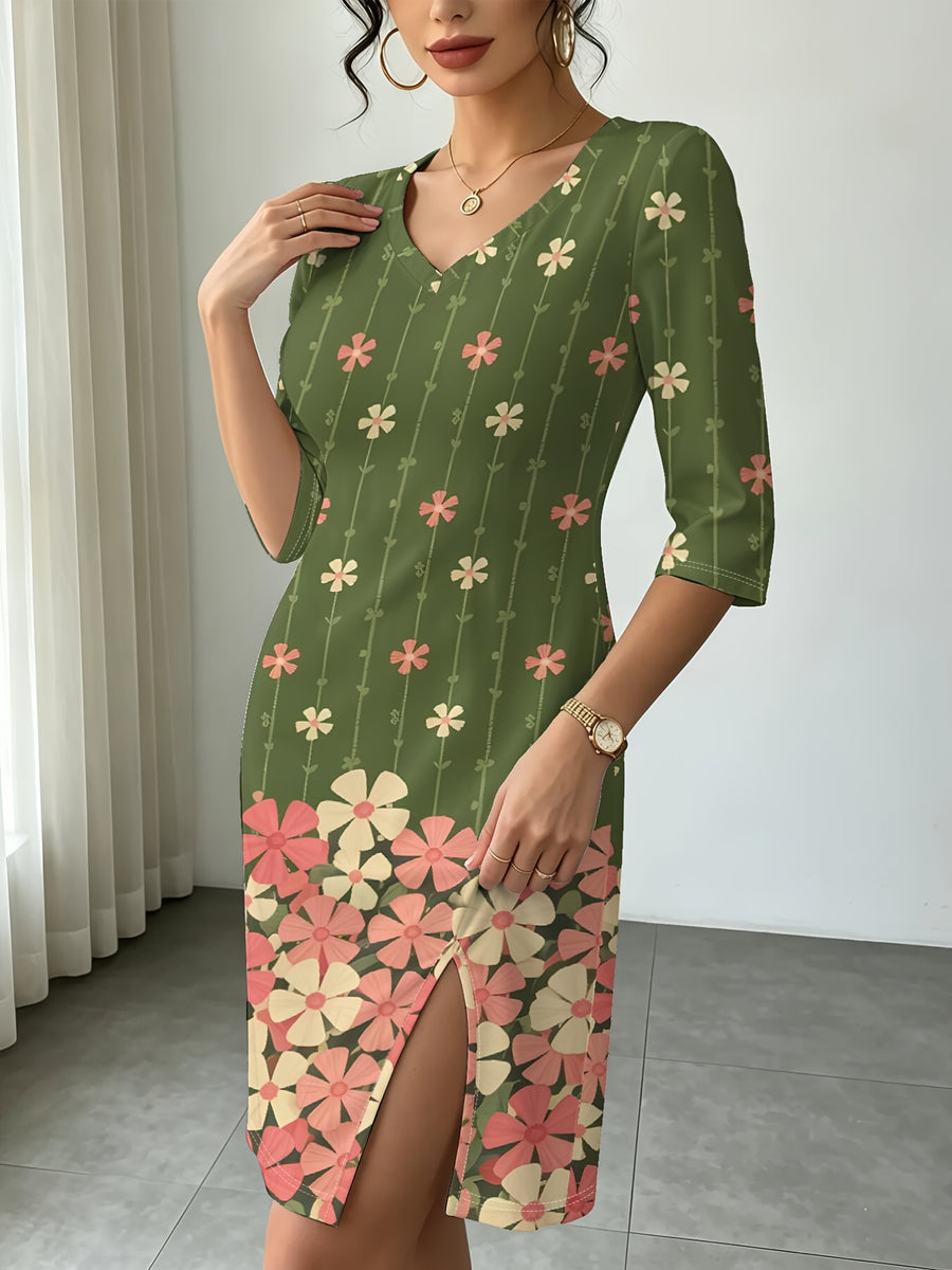 Green Tiny FloralWomen Fall Winter V Neck Slit Dress, Daily Casual Gift Giving Party, Elegant Business Commute, Figure Flattering Trendy Digital Print. - Multicolor
