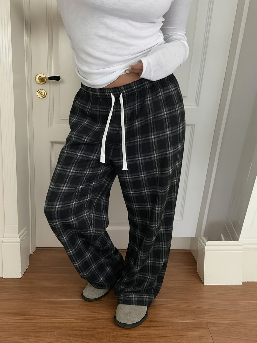 Women'S Plaid Print Loose Wide Leg Pants | Casual Drawstring Elastic Waist, Suitable for Fall/Winter Weekend Outings - Black