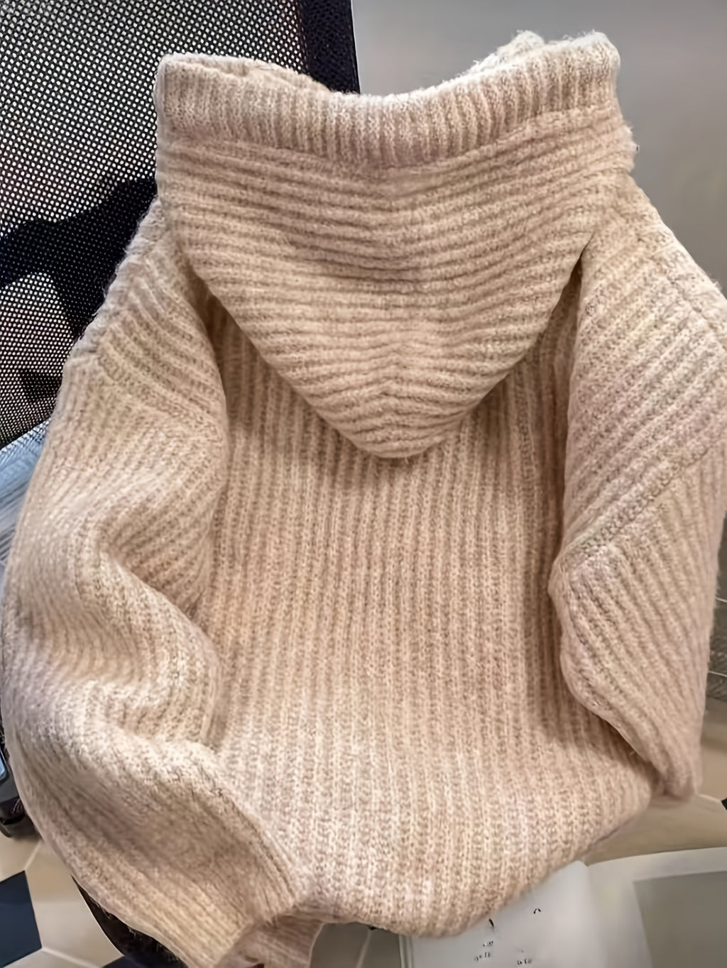 Hooded Chunky Cable- Sweater with Coarse Ribbed Texture, Tassels, Drawstring, Vertical Ribbed Detailing, and a Relaxed Fit. This Long-sleeve Pullover Features a Simple, Casual Design for a Laid-back and Effortless Look - Khaki