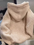 Hooded Chunky Cable- Sweater with Coarse Ribbed Texture, Tassels, Drawstring, Vertical Ribbed Detailing, and a Relaxed Fit. This Long-sleeve Pullover Features a Simple, Casual Design for a Laid-back and Effortless Look - Khaki