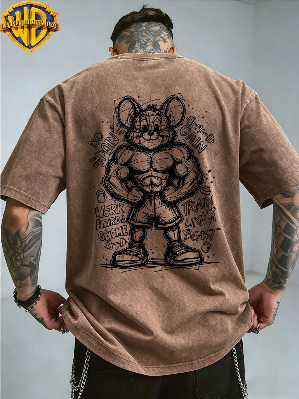 Warner Bros Official Muscle Fitness Mouse Doodle Sketch Print Washed Distressed Short-Sleeve T-Shirt, American Vintage Casual Top, Men's Casual Comfortable Versatile Loose T-Shirt, Suitable for Outdoors and Gym - Coffee Color