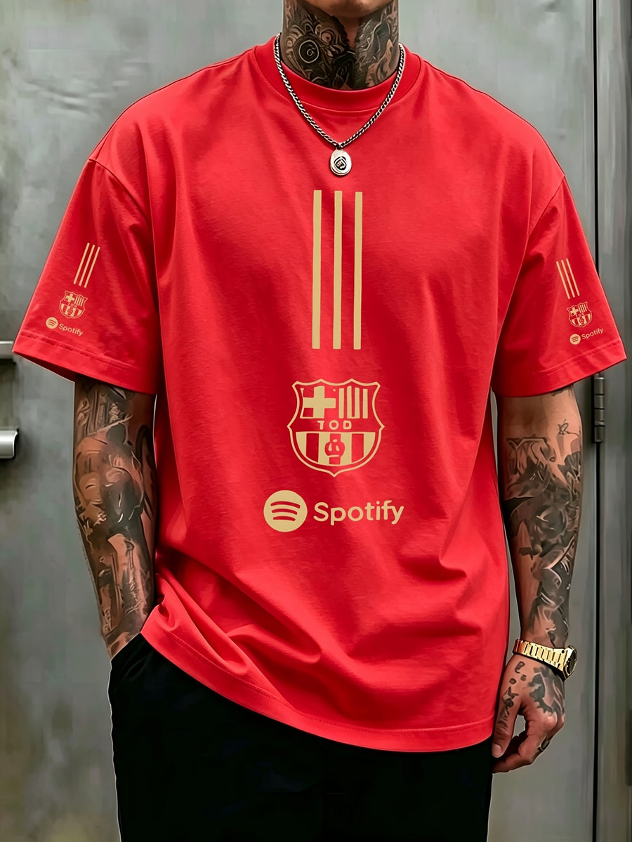 Adult Round Neck T-Shirt Trendy Golden Badge Striped Print Top Casual Outing Fan Gathering Leisure All-Match Breathable Pullover Sweater - Red