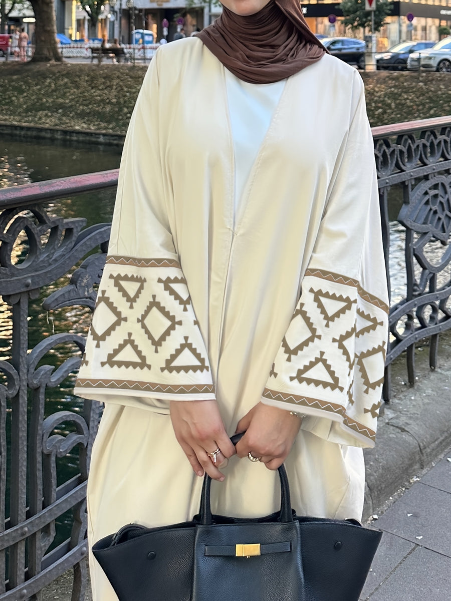 Middle Eastern Traditional Elegant Casual Abaya Robe - Without Headscarf, Printed Flared Sleeve Long Sleeve Open Casual Robe, Simple Muslim Abaya Robe, City Stroll/street Check Casual Style, Women's Elegant Abaya, Ramadan, Arabic Attire LL168 - Champagne
