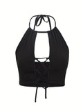 Summer Casual Hollow-Out Sexy Strap Neck Black Fitted Tank Top - Black