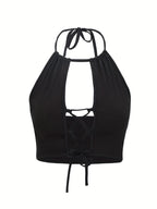 Summer Casual Hollow-Out Sexy Strap Neck Black Fitted Tank Top - Black