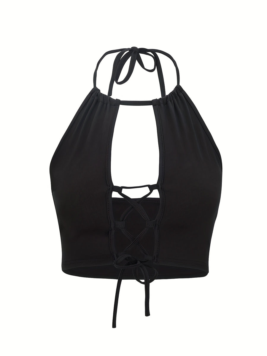 Summer Casual Hollow-Out Sexy Strap Neck Black Fitted Tank Top - Black