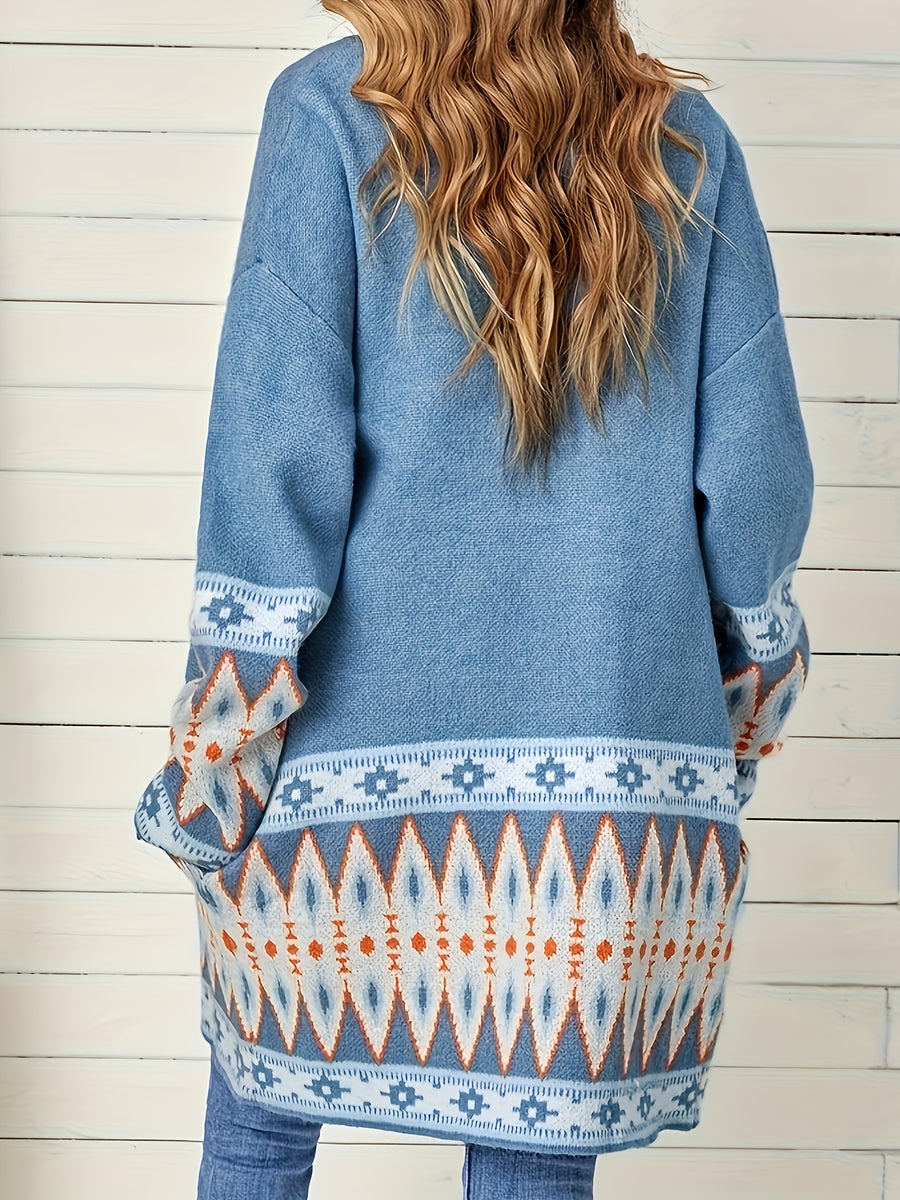 Plus Size - Plus Size - Women'S Fall Winter Cardigan, Preppy Style Outerwear, Soft And High-Quality Sweater Coat - Blue