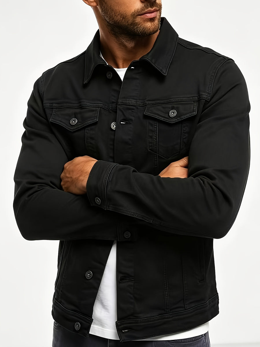 Men's Black Denim Jacket Basic Casual Coat - Black