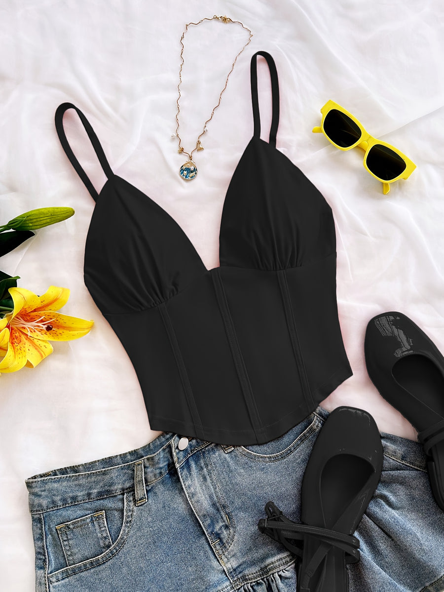 Sexy V-Neck Sleeveless Solid Color Cross Vest, Suitable for Dating, Bohemian Style, Vacation, Autumn Wear, Women'S Clothing, Retro Style, Holiday Theme, Tank Top - Black
