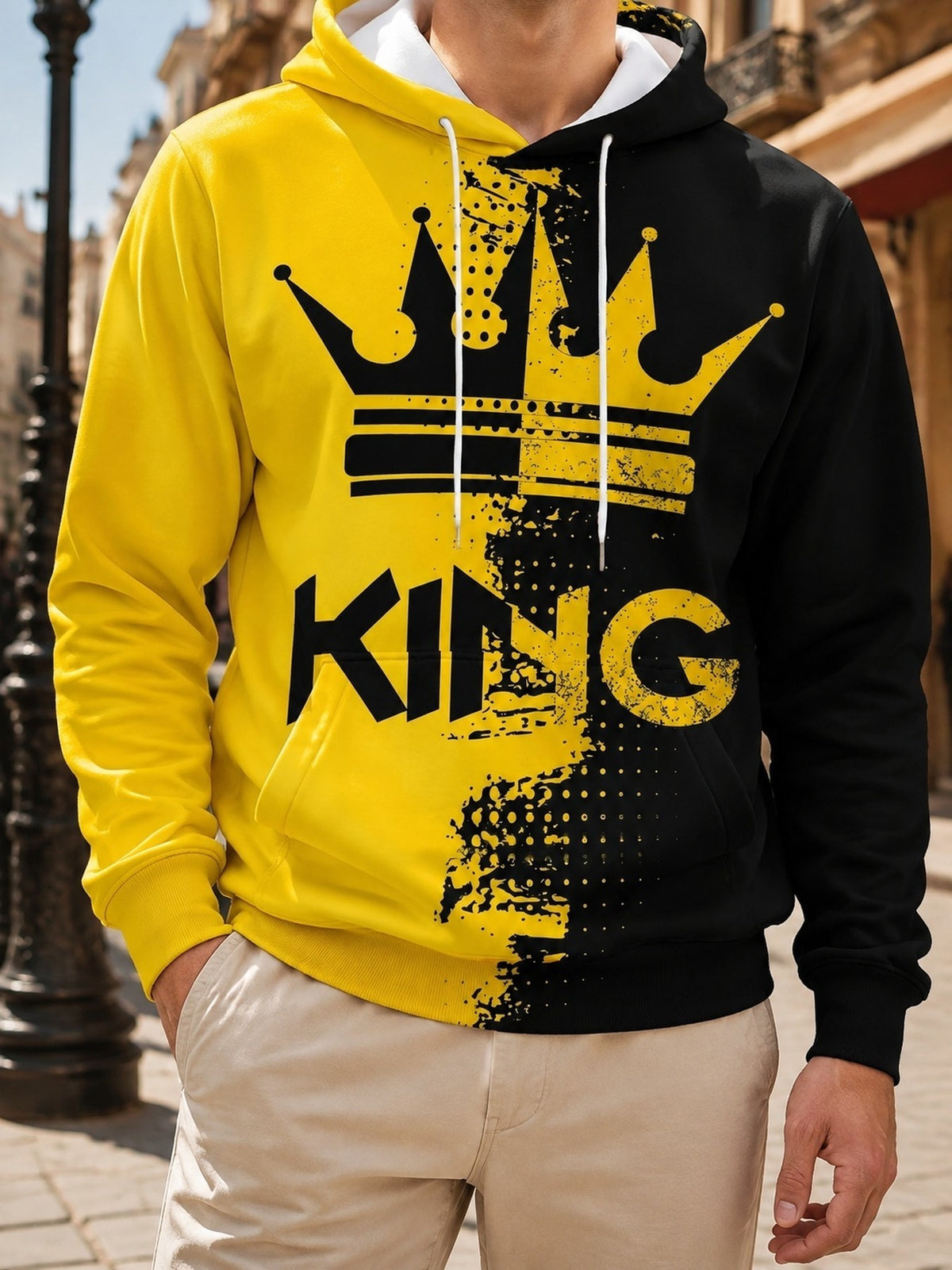 Men's Long Sleeve Pullover Hoodie Black and Yellow Color Block Abstract Splatter Pattern Digital Print Hooded Design Ribbed Cuffs Ribbed Hem Polyester Casual Streetwear for Daily Wear and Weekend Leisure Spring and Fall - Mixed colors