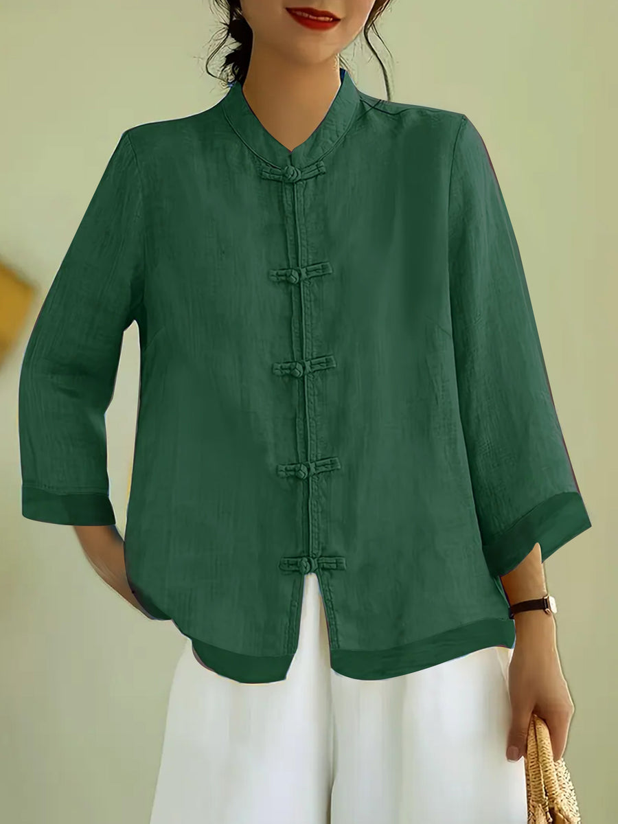 Fashionable Vintage-Style Chinese Shirt with a Stand Collar, Featuring Button Closures And Mesh Panels, Designed for a Loose And Comfortable Fit for Women - Green