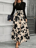 Spring And Autumn Style Women'S Floral Print Puff Sleeve Tie-String Long Sleeve Dress - Black