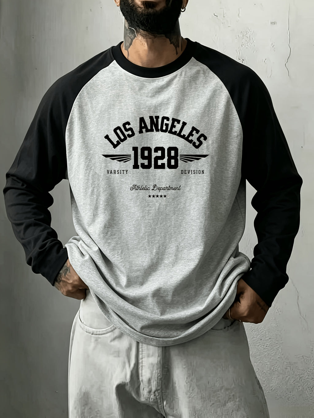 1pc Men's Youth Colorblock Raglan Sleeve Long Sleeve Printed T-Shirt, Trendy Style for Spring, Autumn, Winter Daily Wear Top/Autumn Clothes/Affordable Clothing - Grey+Black