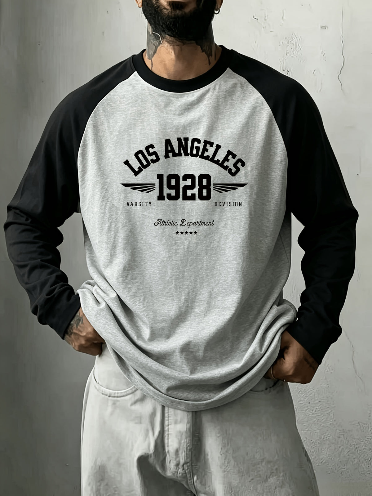 1pc Men's Youth Colorblock Raglan Sleeve Long Sleeve Printed T-Shirt, Trendy Style for Spring, Autumn, Winter Daily Wear Top/Autumn Clothes/Affordable Clothing - Grey+Black