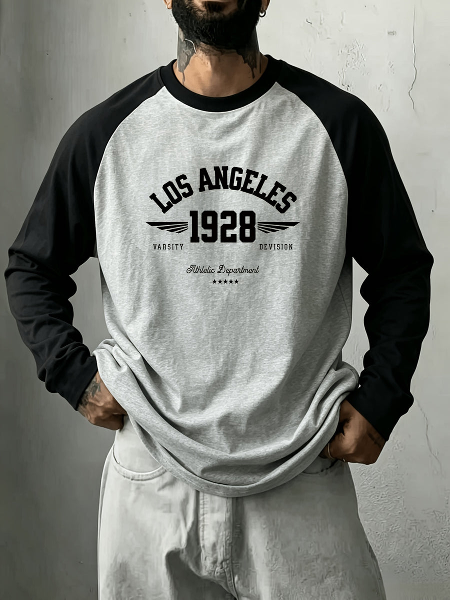 1pc Men's Youth Colorblock Raglan Sleeve Long Sleeve Printed T-Shirt, Trendy Style for Spring, Autumn, Winter Daily Wear Top/Autumn Clothes/Affordable Clothing - Grey+Black
