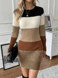 Women'S Easy Slim-Fitting Patchwork Casual Comfortable Color-Block Round Neck Sweater Dress - Camel