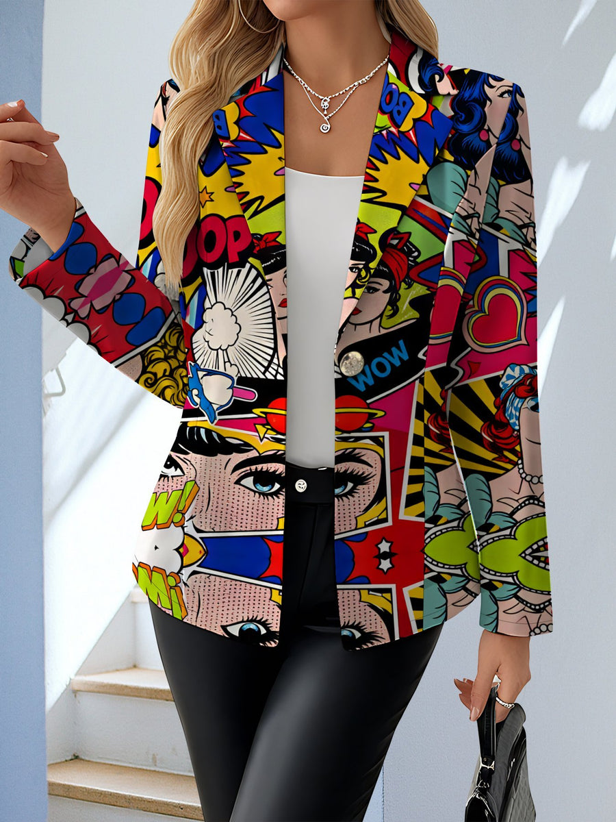 Designed for Spring And Autumn, This Elegant Women'S Blazer Is an Ideal Choice for Comfortable, Everyday Wear. It Features a Sophisticated, Harmonious Color Palette And a Unique Comic-Style Graffiti Print, Exuding an Air of Mature Elegance - Multicolor Print