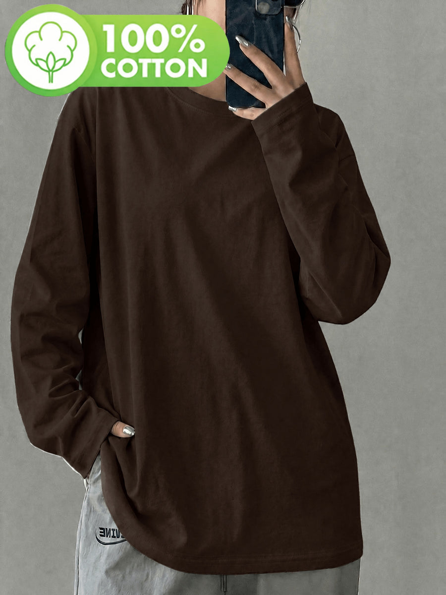 Women'S 100% Solid Color Long Sleeve T-Shirt, Round Neck, Comfortable Casual Wear for Everyday Use - Coffee Color