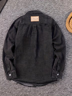 9011# Men's Loose Fit Non-Stretch Denim Shirt - Classic Collar Long Sleeve with Chest Pockets, Machine Washable Casual & Party Wear for Spring/Fall, Plus Size Available, Spring Fall Attire, Stylish Chest Pocketing, Durable Fabric, Nonstretch Material - Soot Black