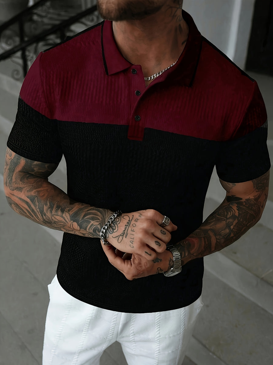 Men'S Casual New POLO Shirt, Soft Textured Fabric, Patchwork Details, Outdoor Casual Business Breathable Short-Sleeve Polo Shirt Golf Shirt - Black&Red