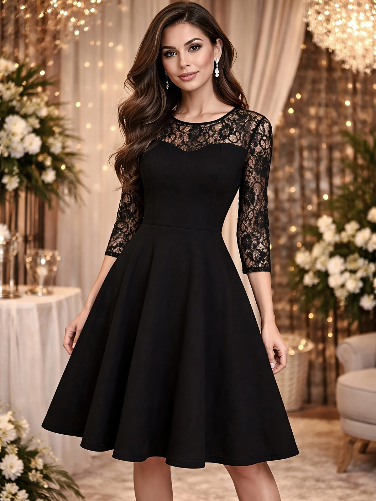 Elegant Women'S Dress, Black Lace Three-Quarter Sleeve A-Line Dress, Temperament Style, Suitable for Wedding Guests, Evening Parties, And Formal Occasions - Black