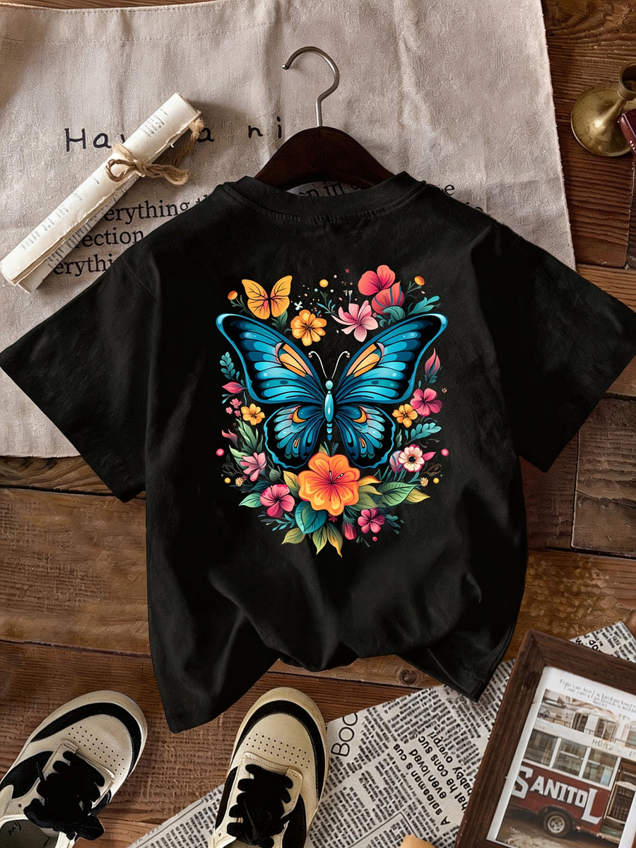 Butterfly with Flowers I Aesthetic Butterfly Print T-shirt, Short Sleeve Crew Neck Casual Top for Summer & Spring, Women's Clothing - Black