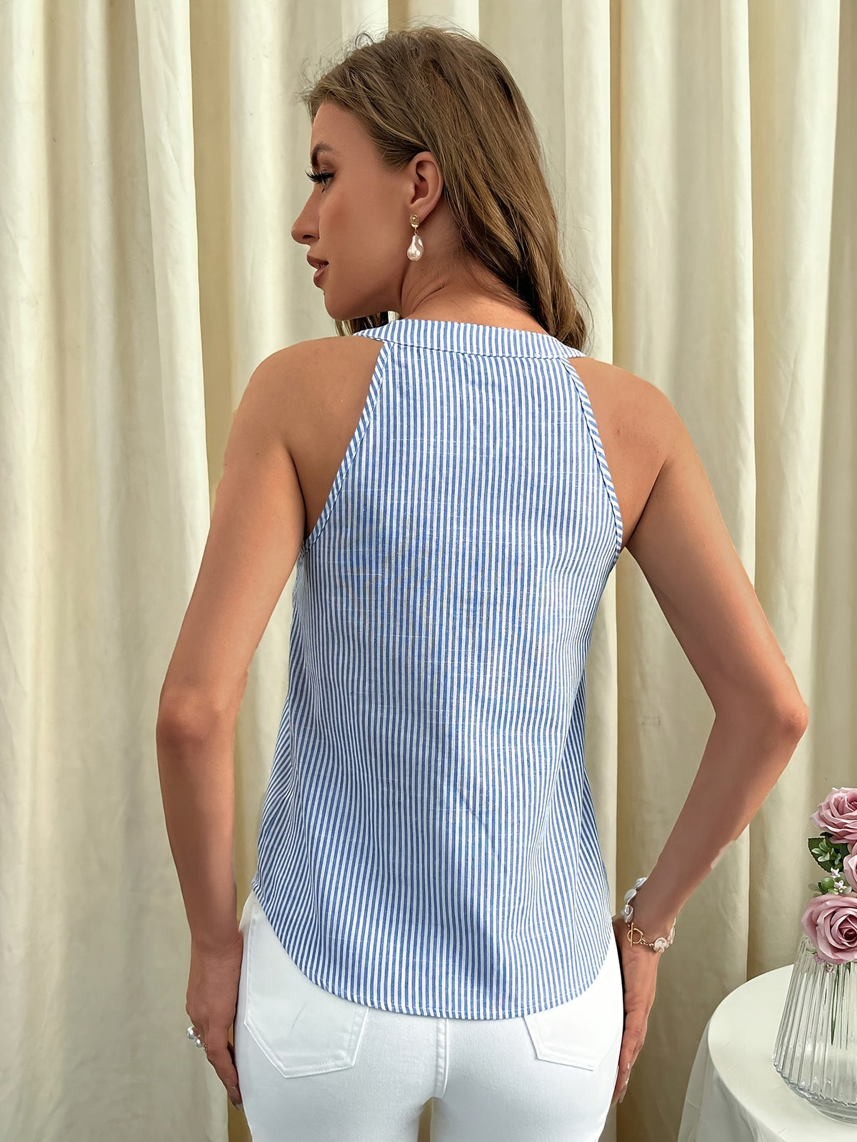 Women's Blue & White Striped Off-Shoulder Halter Neck Top - V-Neck Button-Front Shirt, Sleeveless Blouse Style Blouse Suitable for Spring Summer Beachwear, Casual to Dressy Outfits - Blue