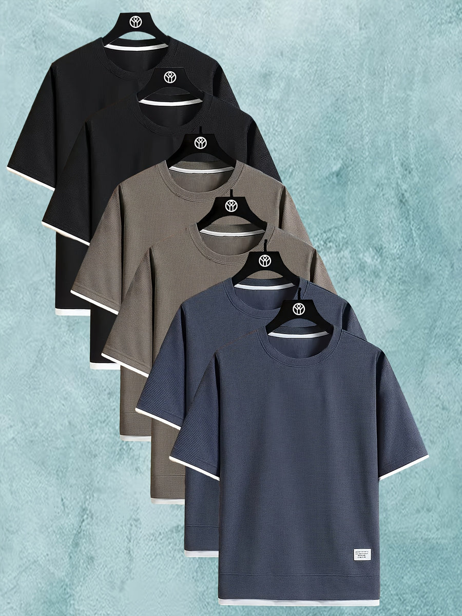 6pcs Men's Lightweight Waffle Knit Short Sleeved Round Neck T-shirt - Casual Summer Top with Contrasting Cuffs and Hem, Polyester Fiber, Suitable for Fitness and Casual Wear - Style2