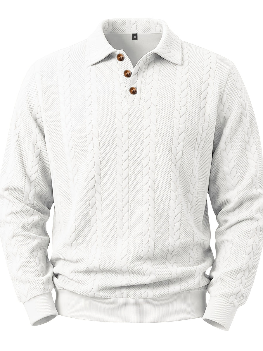 New Men'S Retro Jacquard Lapel Knit Polo Sweater Autumn Business Casual Long Sleeve Sweater Loose All-Match Solid Color Pullover Top - White