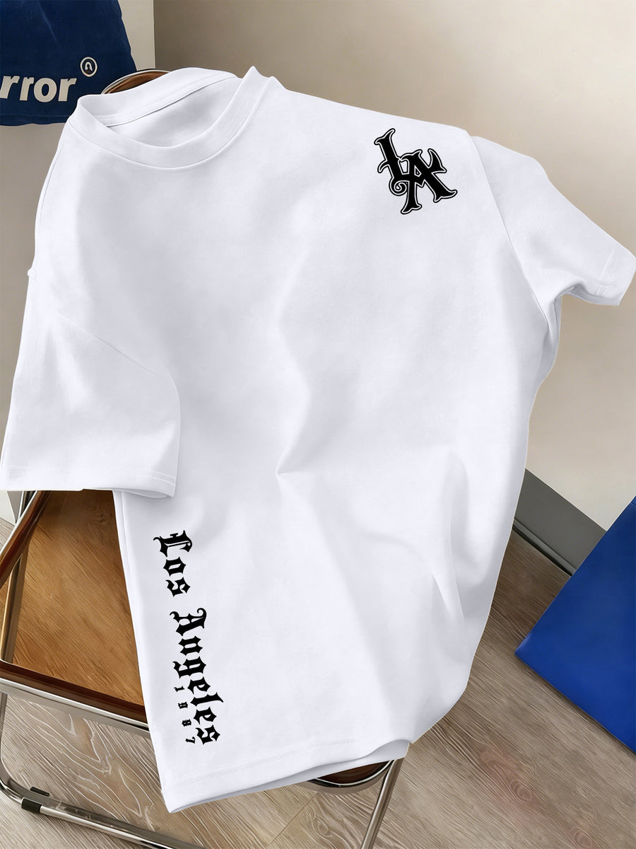 Men's 100% Cotton Short Sleeve Crew Neck T-Shirt, American Los Angeles Vintage Street Style Print, Casual, Fashionable, Comfortable, Soft, Summer Short Sleeve - White