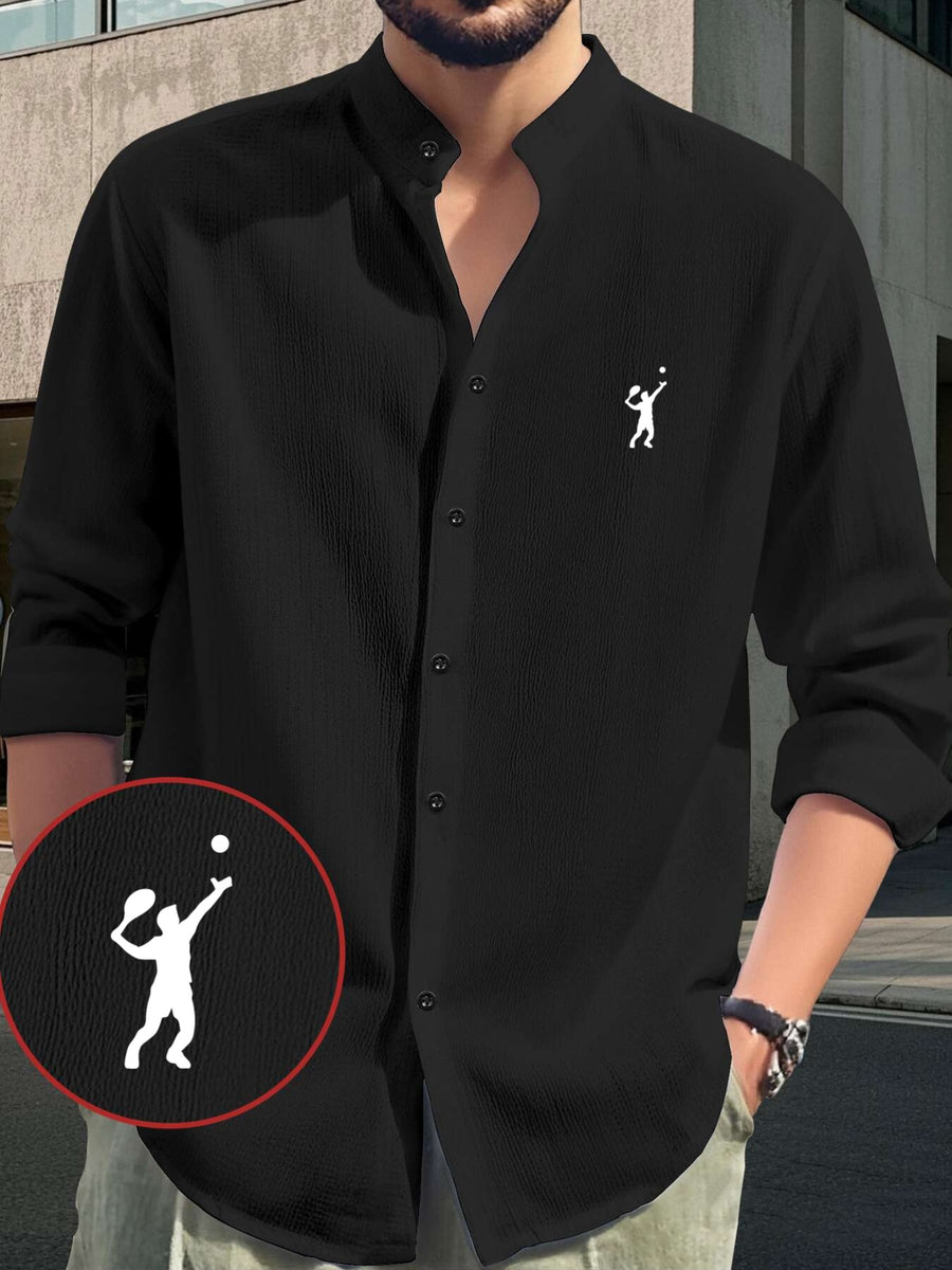 Men's Fashion Comfortable Lightweight Long Sleeve Shirt - Hawaiian Beach, Vacation, Party Wear, Breathable Stand Collar Button-Up Top, Versatile for Daily Wear, Events, and Outings, Tennis Print Pattern, Suitable for Various Occasions Casual Shirt - Black