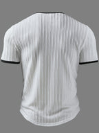 Men's Fashion Top, Spring/Summer Outdoor Casual Textured Jacquard Fabric, Contrast Color V-Neck Letter Print Men's Henley Shirt - White