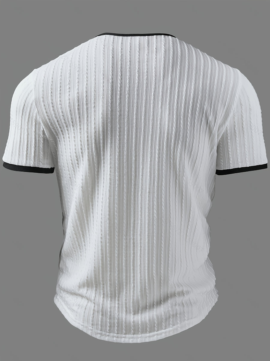 Men's Fashion Top, Spring/Summer Outdoor Casual Textured Jacquard Fabric, Contrast Color V-Neck Letter Print Men's Henley Shirt - White